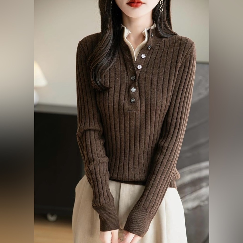Merino Wool Blend Ribbed Faux Layered Stand-Up Collar Henley Sweater Cozy Preppy